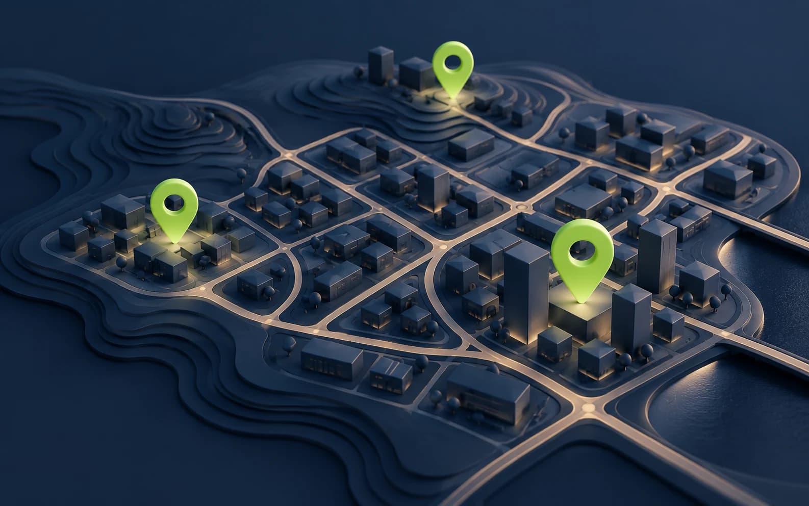 Location markers and a city map representing local business visibility