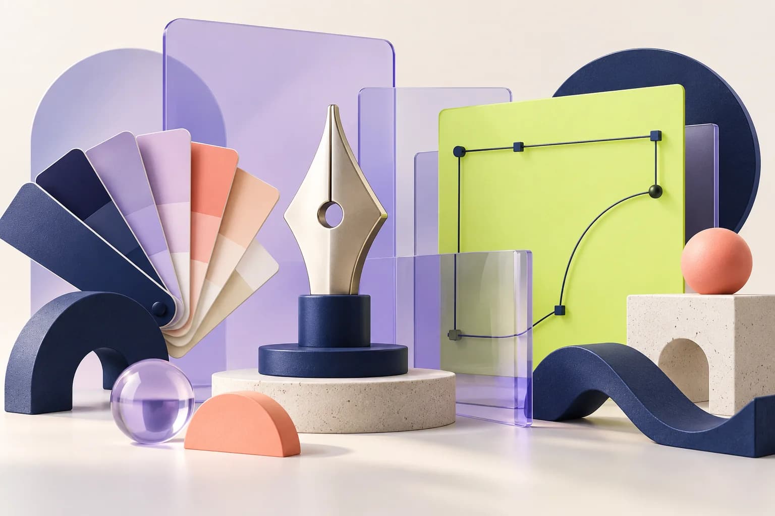 Creative design materials and a vector canvas in lime, navy, and lavender